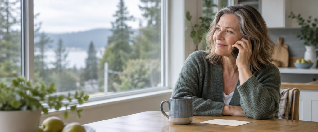A woman at her kitchen table talking on the phone.